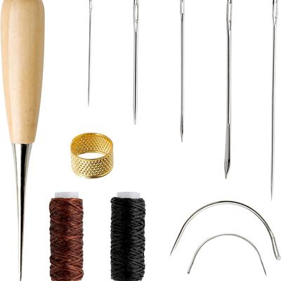 Sada na opravu kůže 11 kusů Šicí nástroje Voskovaná kožená nit a jehly pro šití čalounění Látkové nástroje pro pohovky, koberce a šití kůží