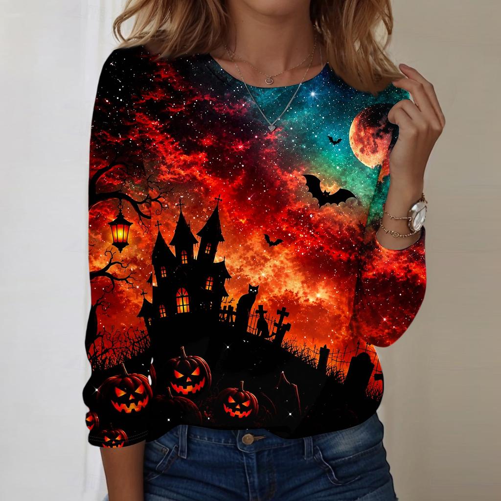 Women Long Sleeve Casual Pullover Sweatshirt Halloween Pumpkin Print Round Neck Top Lightweight Comfortable Fit