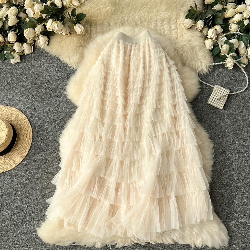 Summer Women Elegant Ruffles Mesh Elstic Waist Long Midi Cake Skirt