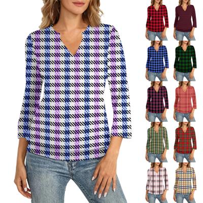 Damen 3/4-Arm Oberteil Halsausschnitt Saum V-Ausschnitt Sommer Freizeit T-Shirt Kariert Bedrucktes Oberteil