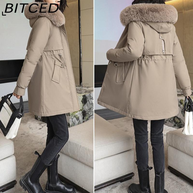 BITCED Winter Parka - Women's Relaxed-Fit Mid-Length Cotton Coat with Large Fur Collar
