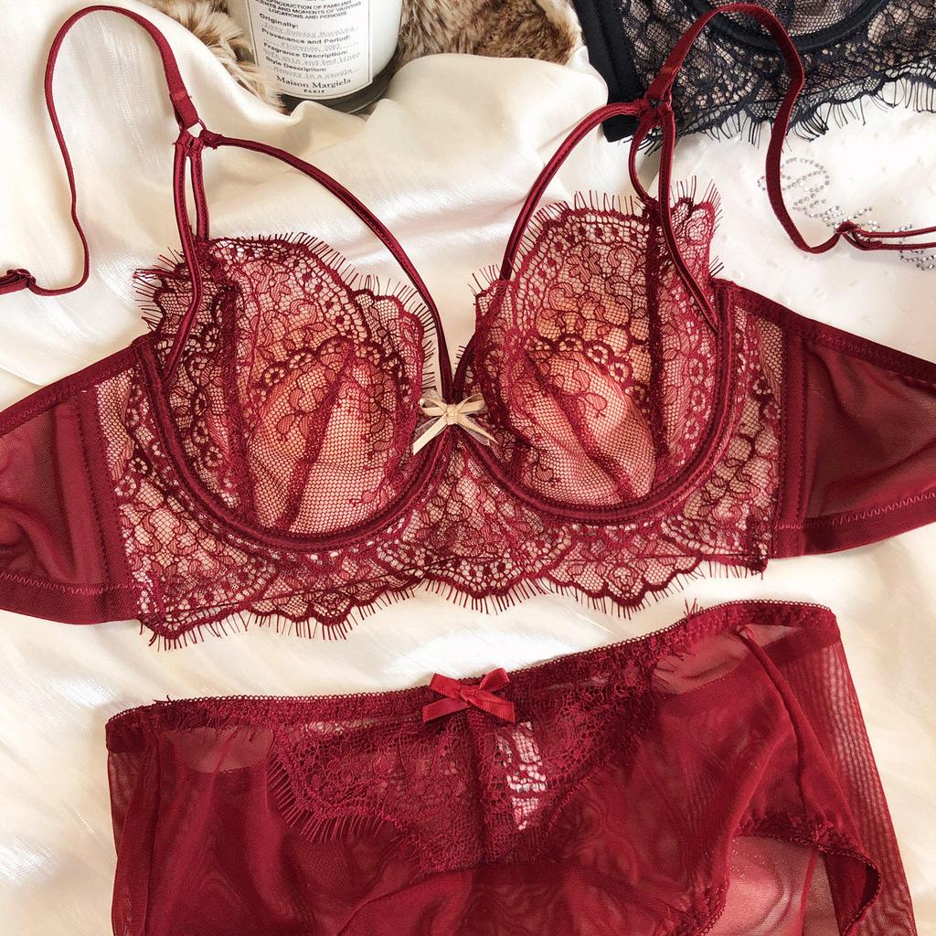 Sexy Hollow Bra Briefs Set French Thin Cup Lace Embroidery Women Underwear Wire Free Bralette Padding Comfort Plus Size Lingerie