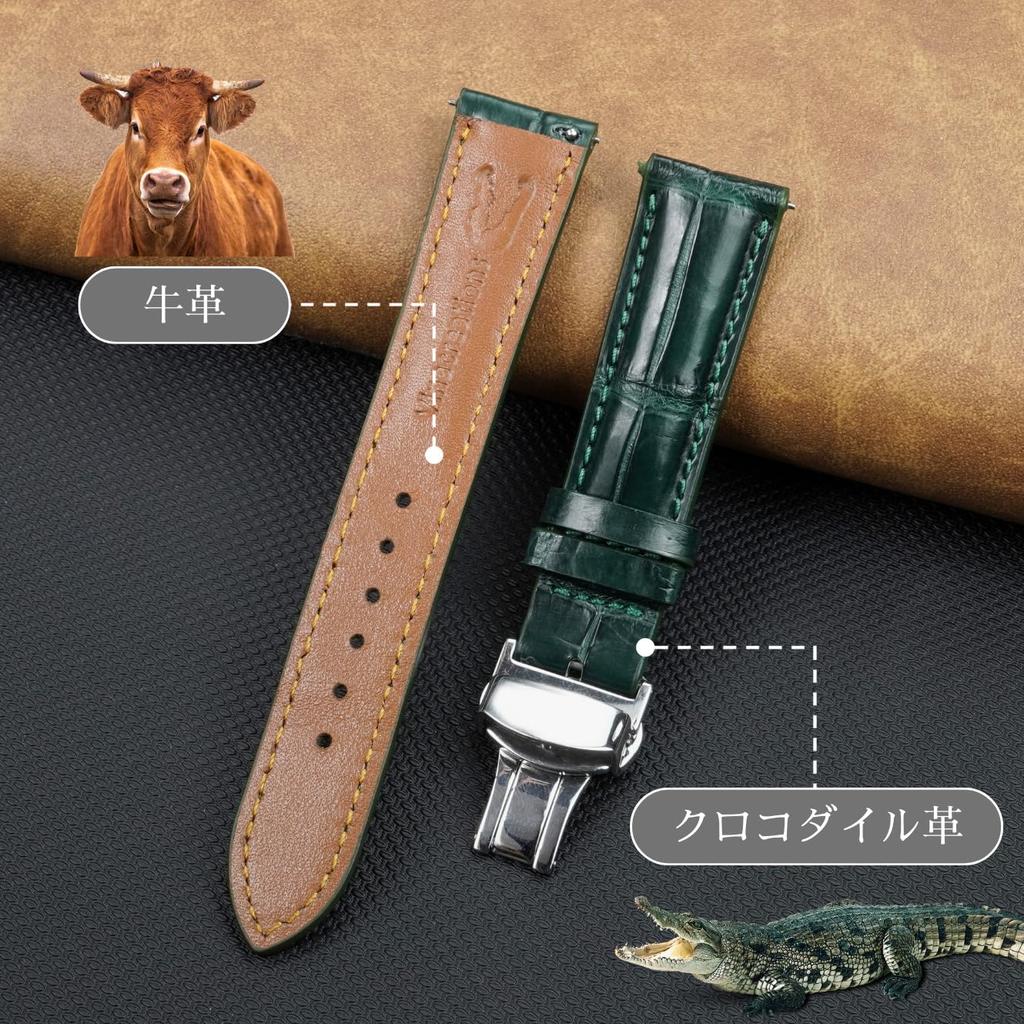 [vinacreations] 18mm Green Crocodile Watch Strap with D-Buckle, Men's Crocodile Replacement Watch Band with Quick-Release Spring Bars, Silver Wristban