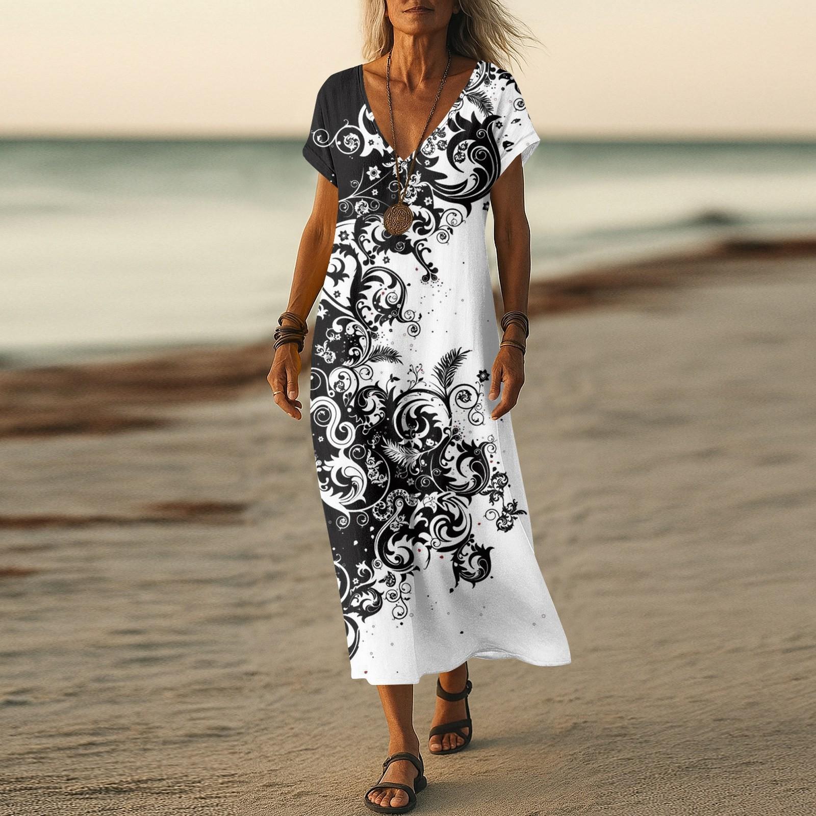 

Летнее платье Женское длинное платье бохо для пляжа Элегантное платье макси V-образный вырез Короткий рукав Летнее платье-туника Легкое воздушное XL белый