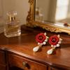 1Pairs Rose Flower Decorative Earrings Red Velvet Rose Pearl Stud Earrings  Wedding Jewelry
