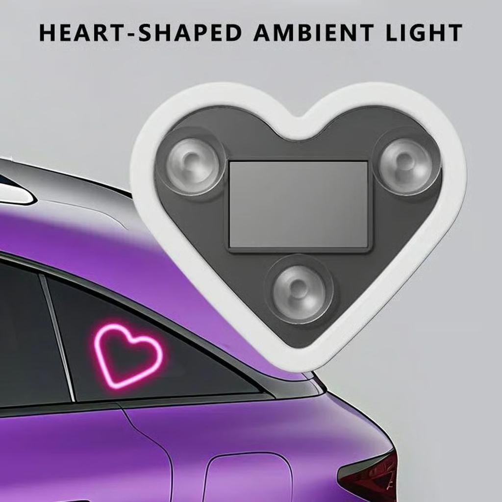 Solar-powered Heart-shaped LED Ambient Light For Car Interior Decoration, Heart-shaped Neon Decorative Light.