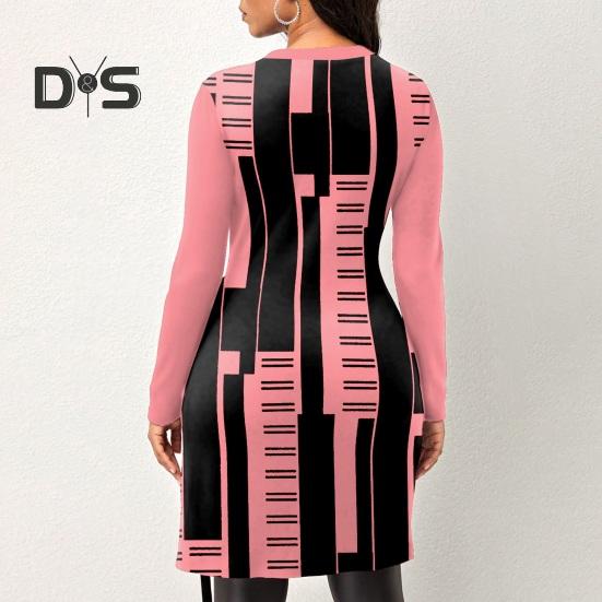 Women Autumn Winter Geometric Print Blouse O Neck Long Sleeve Side Split Hem Mid Length Pullover Tunic Tops Streetwear