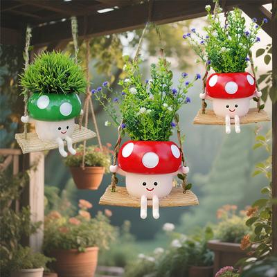 Swing Mushroom Hanging Planter Cartoon Mushroom Flower Pot Resin Succulents Planter with Drainage Hole for Indoor Outdoor Use
