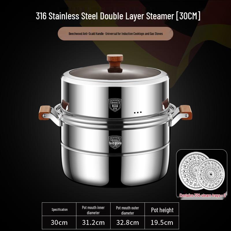 Visible Lid 316L Stainless Steel Steamer Pot with Extra Thick Anti-scalding Design and Double Three-Layer Steaming Basket