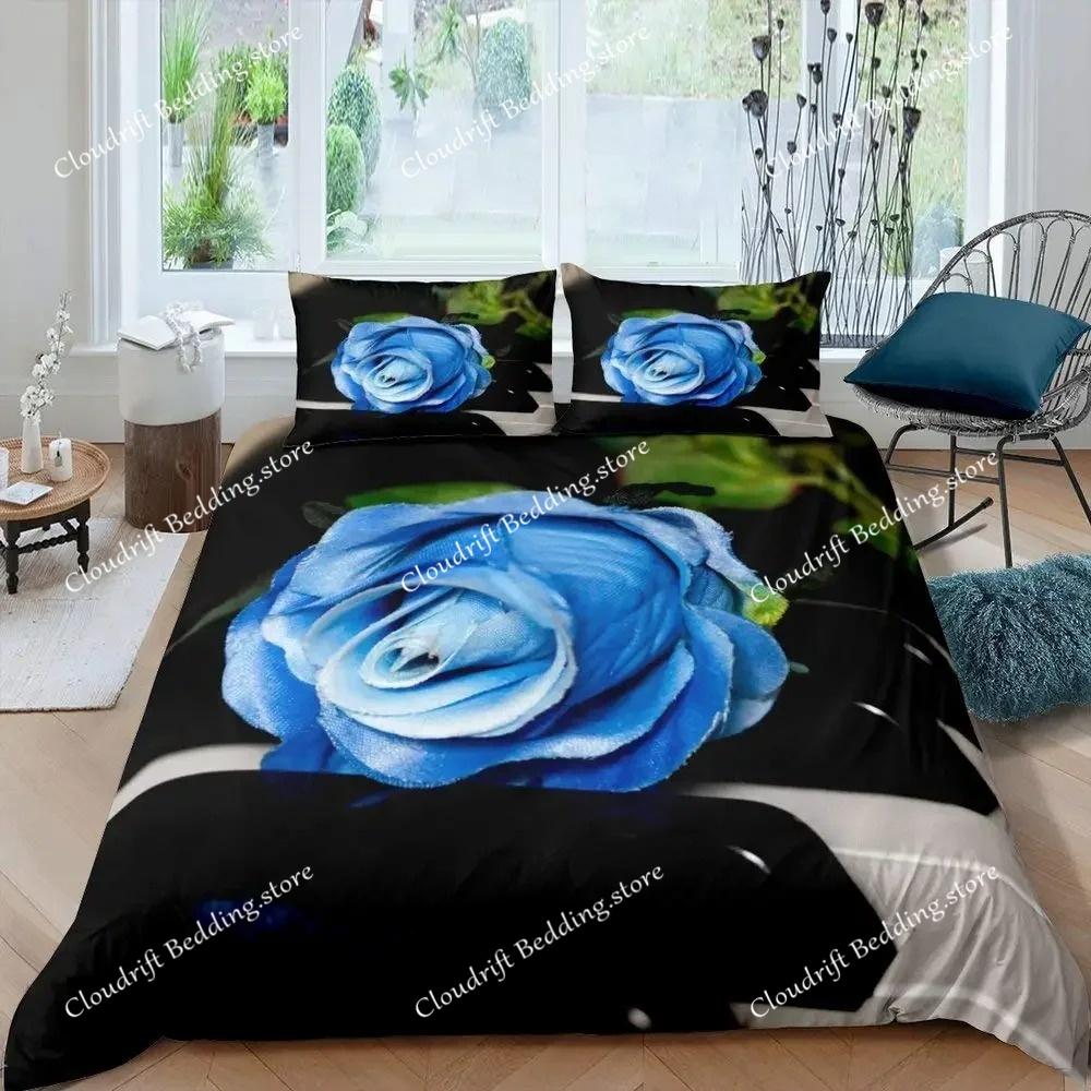 Juego de ropa de cama con diseño floral de rosas azules para niños y niñas, tamaño queen, funda nórdica y funda de almohada, moda para niños y adultos, textiles para el hogar