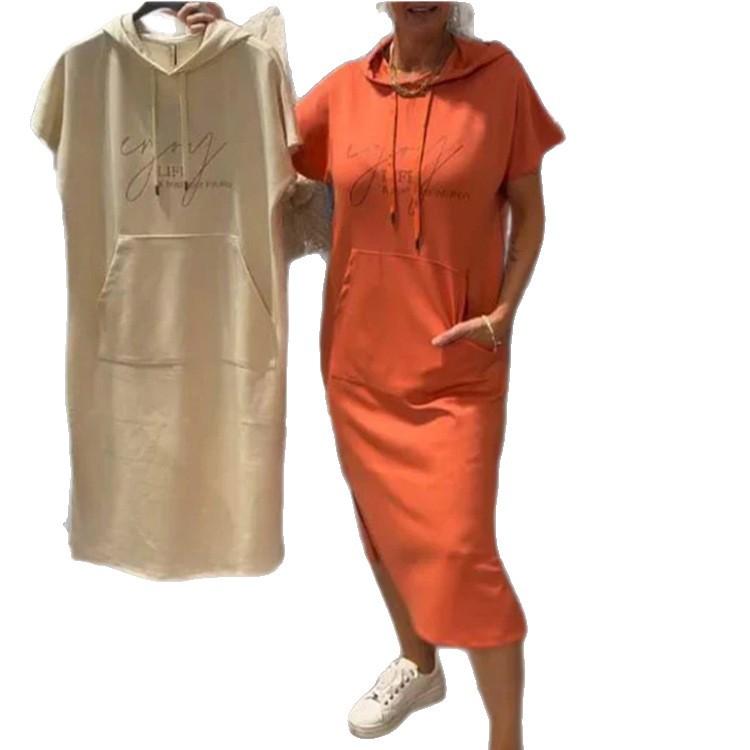 Summer New European and American Casual Solid Color Short-sleeved Pocket Hooded Dress Women's Clothing