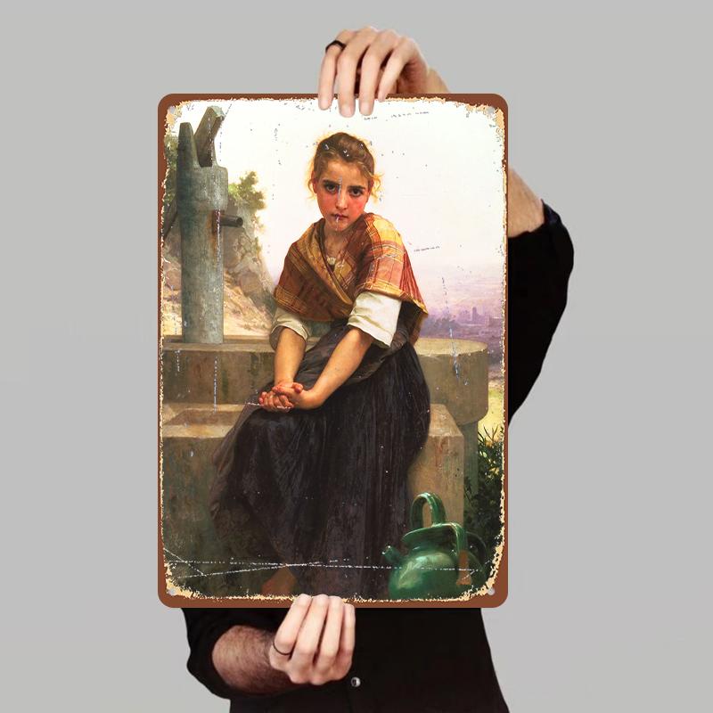 

Vintage European Country Girl Metal Tin Painting Living Room Wall Art Home Decor Mural 7.9x11.8In(20x30cm)