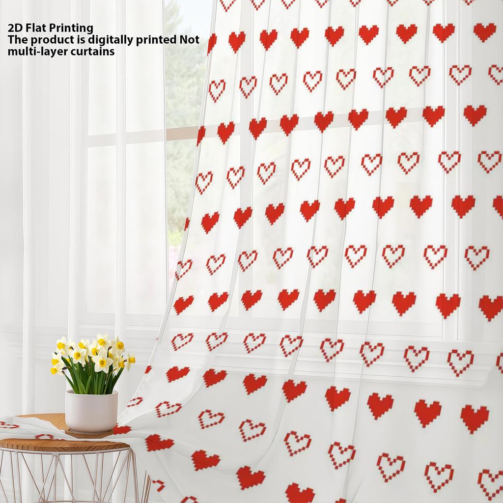 Red Heart Plaid Window Curtain Vintage Cool Romantic Decorative Festive Atmosphere Pole Insertion Window Treatment