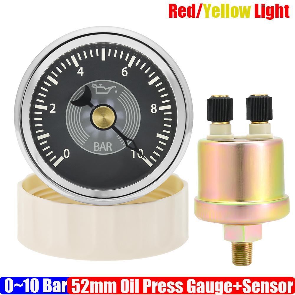 ZMFJH Yellow/Red LED 2"52mm Oil Pressure Gauge with Sensor Retro Vintage 0-10Bar Oil Press Meter Indicator for Car Boat Yacht