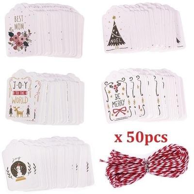 50 Stück Frohe Weihnachten Weißpapier Anhänger mit Baumwollschnur Freude Weihnachtsmann Handschuh Weihnachtsdeko