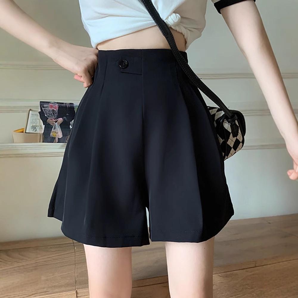 2024 Herbst/Winter Damen High Waist Schwarz Weitbeinige Anzugshorts - Schlankmachend, Trendig, Freizeitkleidung