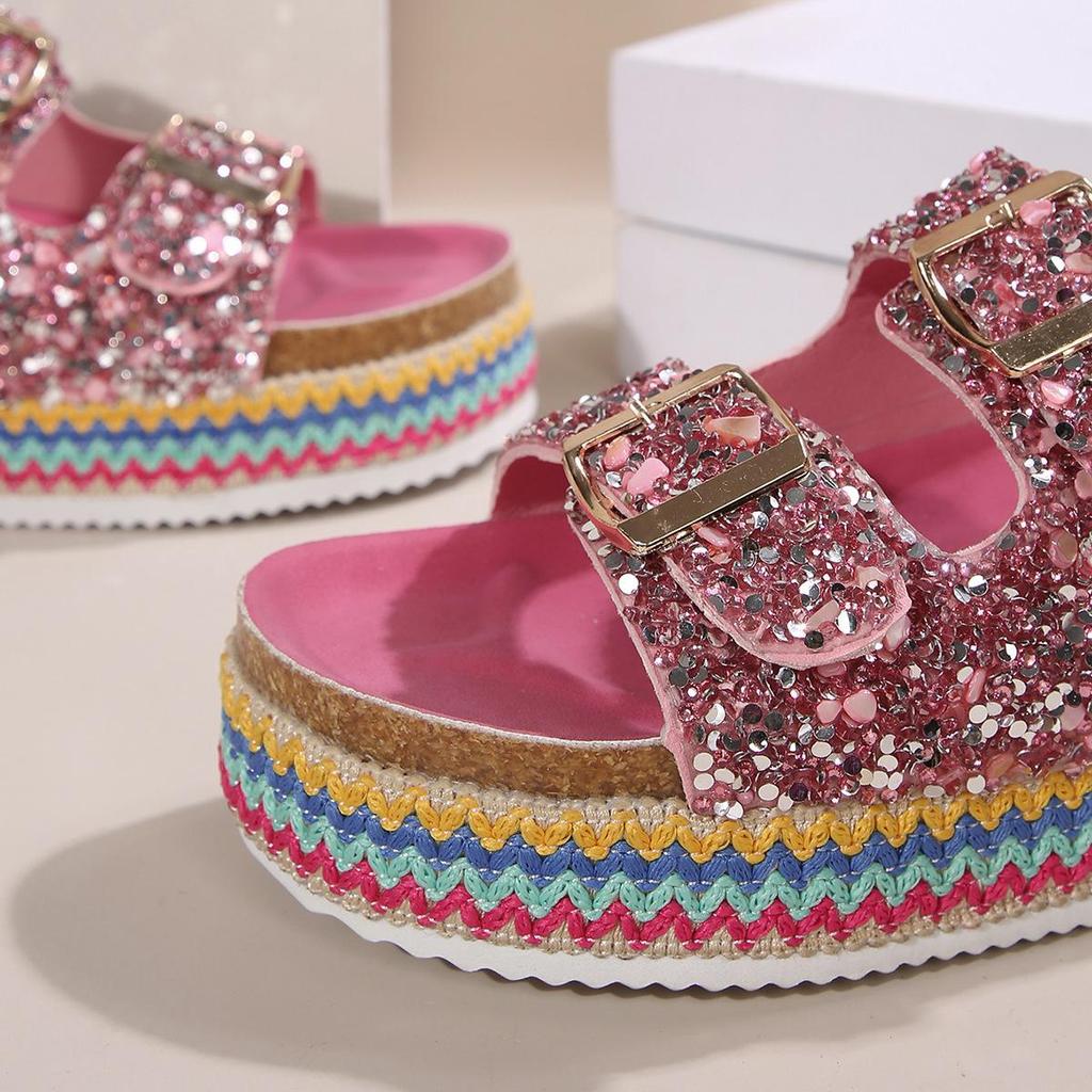 Plus Size Sequin Buckle Cork Slides - Outdoor Double Buckle Sandals