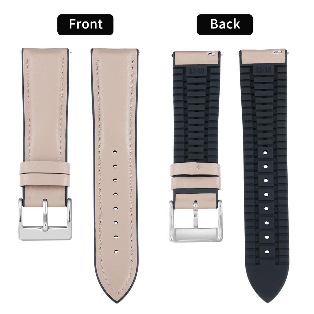 Leather Watch Band with Rubber Breathable Hybrid Watch Smartwatch Unisex Silver [BINLUN] Lining, Quick-Release Strap, Strap, (Beige, 20mm, Buckle)