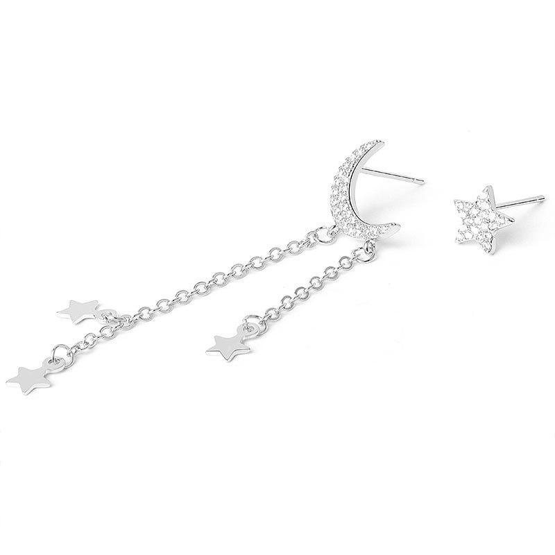 Fashionable Asymmetric Star Moon Rhinestone Tassel Earrings Unique Design Dangle Ear Studs For Women