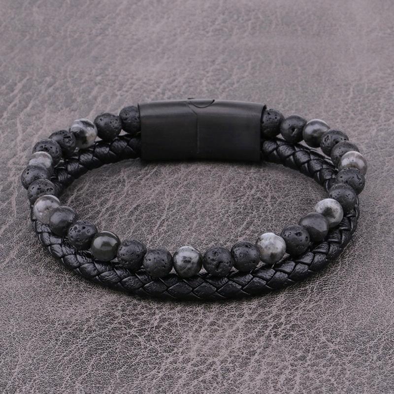 Men's Black Braided Leather Bracelet with Natural Stone and Volcanic Lava