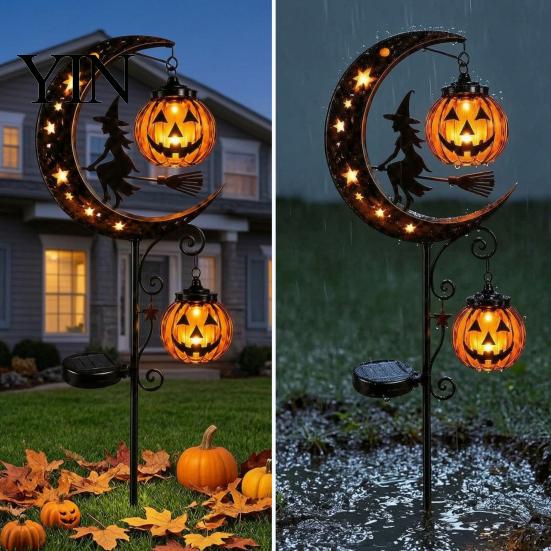 Holiday Seasonal Lawn Decor Solar Halloween White Ghost Pumpkin Moon Garden Stake Light, Waterproof LED Creative Gifts for Home Yard Decoration,
