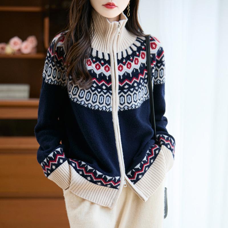 Cárdigan de Punto Jacquard Retro de Cuello Chal Engrosado de Siete Agujas - Abrigo Suelto de Lana Pura con Cremallera Doble Estilo Fair Isle