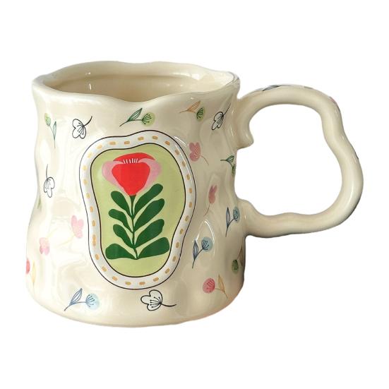 Ceramic Coffee Mug with Ergonomic Handle Irregular Floral Pattern Mug Dishwasher Safe Novelty Cup for Coffee Tea Milk
