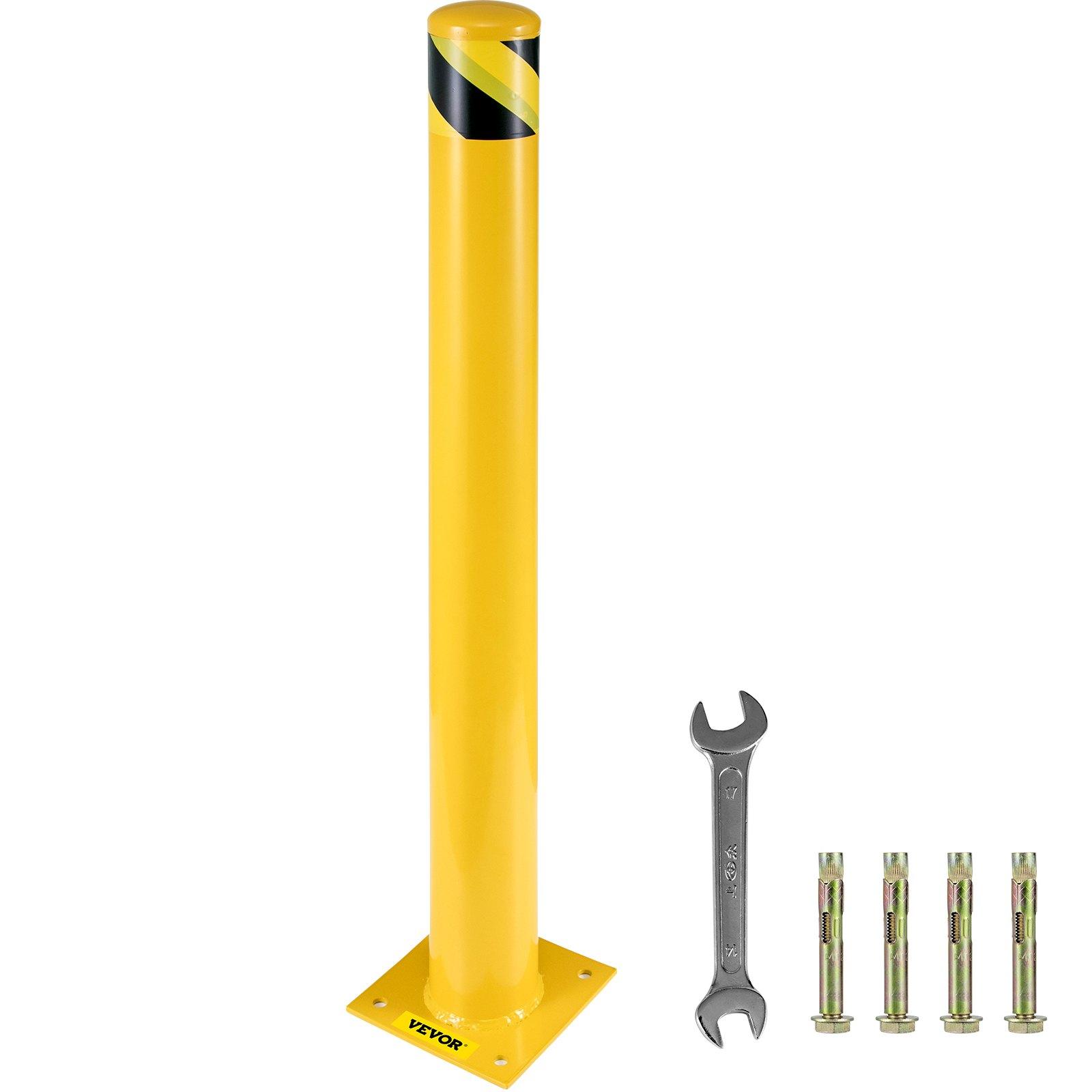 Security Bollard, Steel Bollard Post, 122Cm H, 14Cm D, Yellow Signs, Tubular Steel Barrier