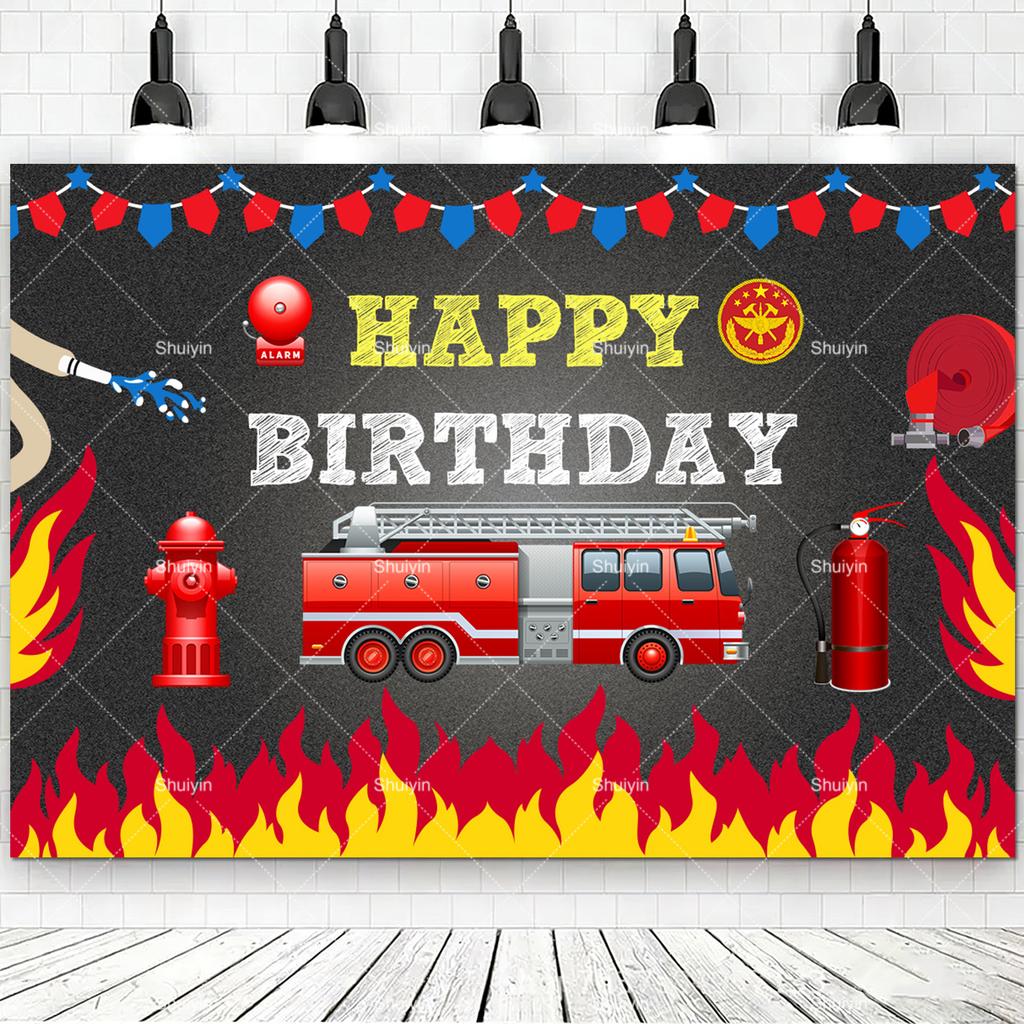 Sfondo a Tema Pompieri e Camion dei Pompieri Cartoni Animati Decorazioni Compleanno Ragazzo Fiamme Rosse Articoli per Feste Sfondo Fotografico
