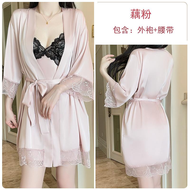 Women's Plus Size Satin Lace Trim Padded Sleep Dress with Robe Lounge Set