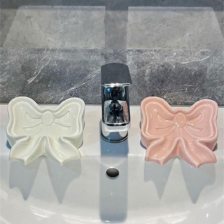 Ceramic Soap Holders with Bows Drainages Enhanceds Design Bathroom Counter Organizers Decorative Sink Tray