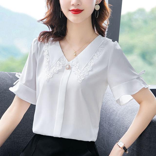 Summer New Doll Neck Loose Top Short Sleeve Bottoming Shirt Mom Summer Flare Sleeve Solid Color Blouse 3XL