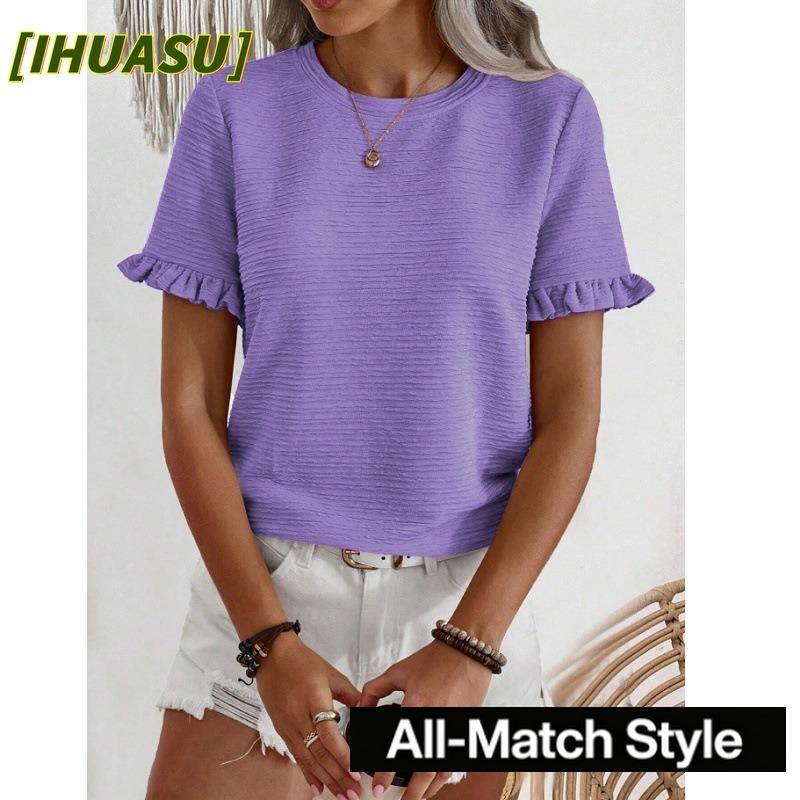 IHUASU Damenmode, lässig, kurzärmlig, O-Ausschnitt, Blusen und Hemden