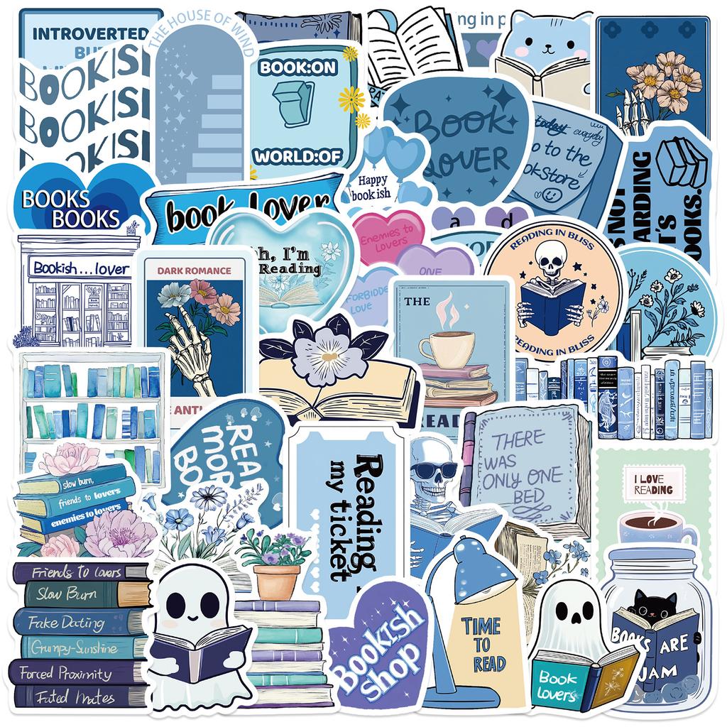 50 Cartoon Blue Bookish Doodle Stickers Decorate Guitar Notebook Suitcase DIY Waterproof