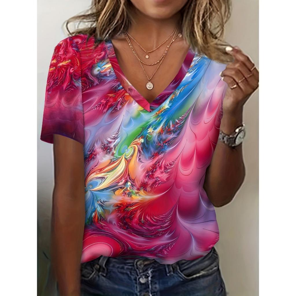 Fashionable Youth Women's Holiday V-Neck Tie-Dye Pattern Printed T-Shirt, Casual Short Sleeve Summer Loose Top