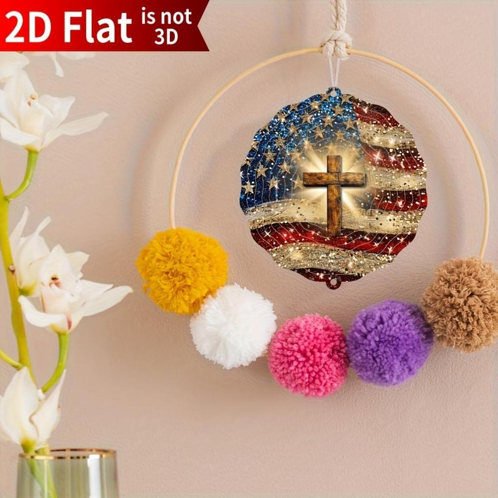 American Flag Wind Spinner 2D Stainless Steel Cross Car Rearview Mirror Decor for Garden Yard Balcony Window Outdoor Decoration