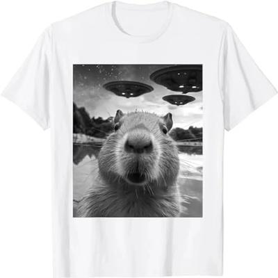 2025  Funny Graphic Tee Capybara Selfie with UFOs Weird T-Shirt