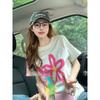 Short-sleeved T-shirt for women, new summer gradient graffiti flowers, age-reducing design, trendy shoulders