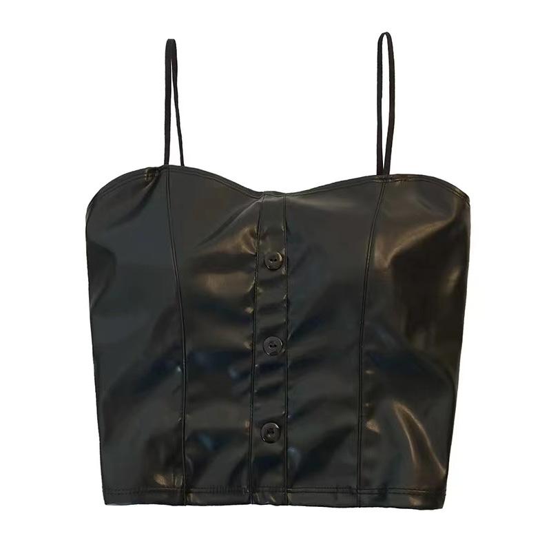 Sexy PU Leather Camisole Top Women Black Sleeveless Vest Bra with Chest Pad Underwear Korean Fashion Streetwear Female Clothes