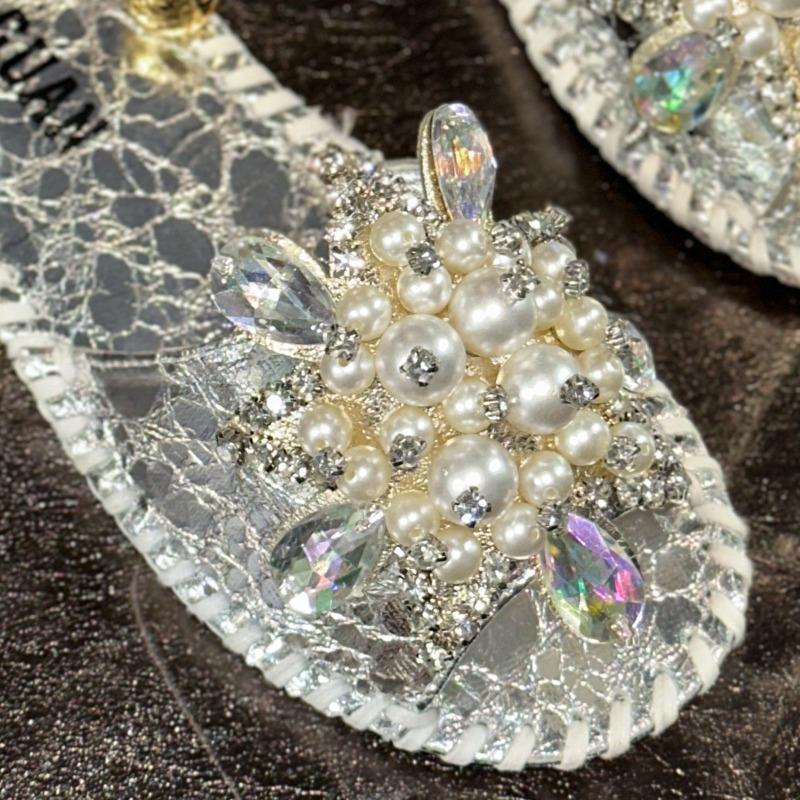 Fashion Women Sandals Luxury Pearl Crystal Flower Flat Sandal 2025Summer New Casual Open Toe Sandals for Women Designer Slippers