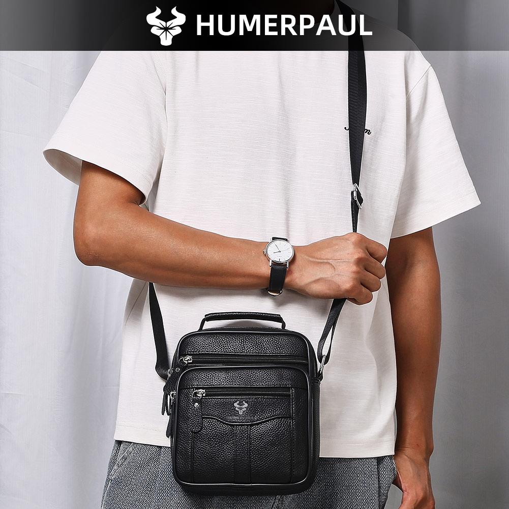 HUMERPAUL Men leather waist bag first layer cowhide multifunctional chest bag retro messenger bag shoulder bag