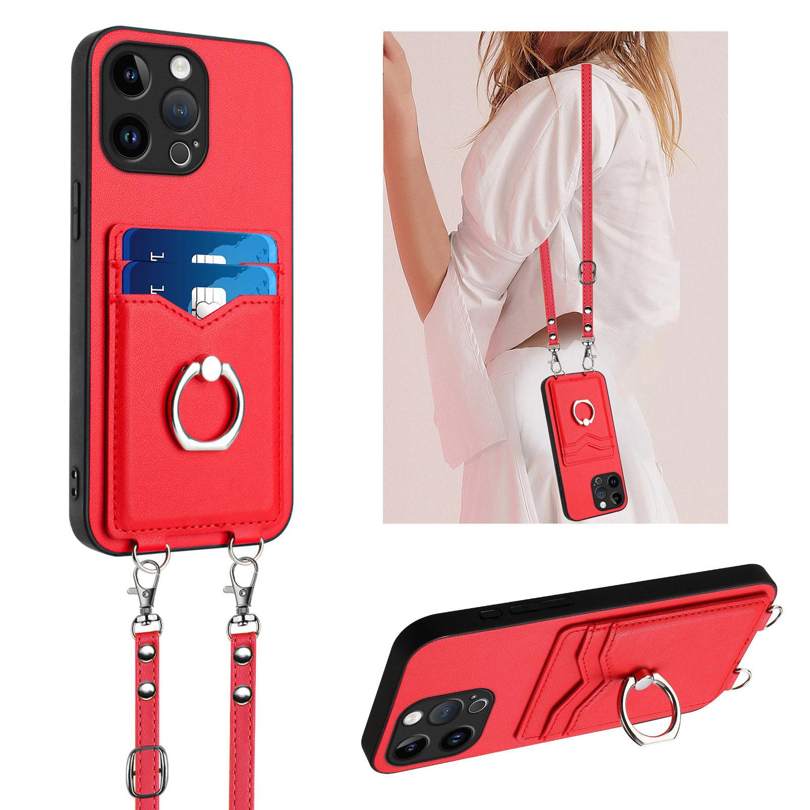 

Crossbody Cards Solt Ring Holder Wallet Leather Case For iPhone 15 Pro Max 14 Plus 13 12 11 7 SE 2022 Vertical Bag Lanyard Cover For iPhone 13Mini червоний