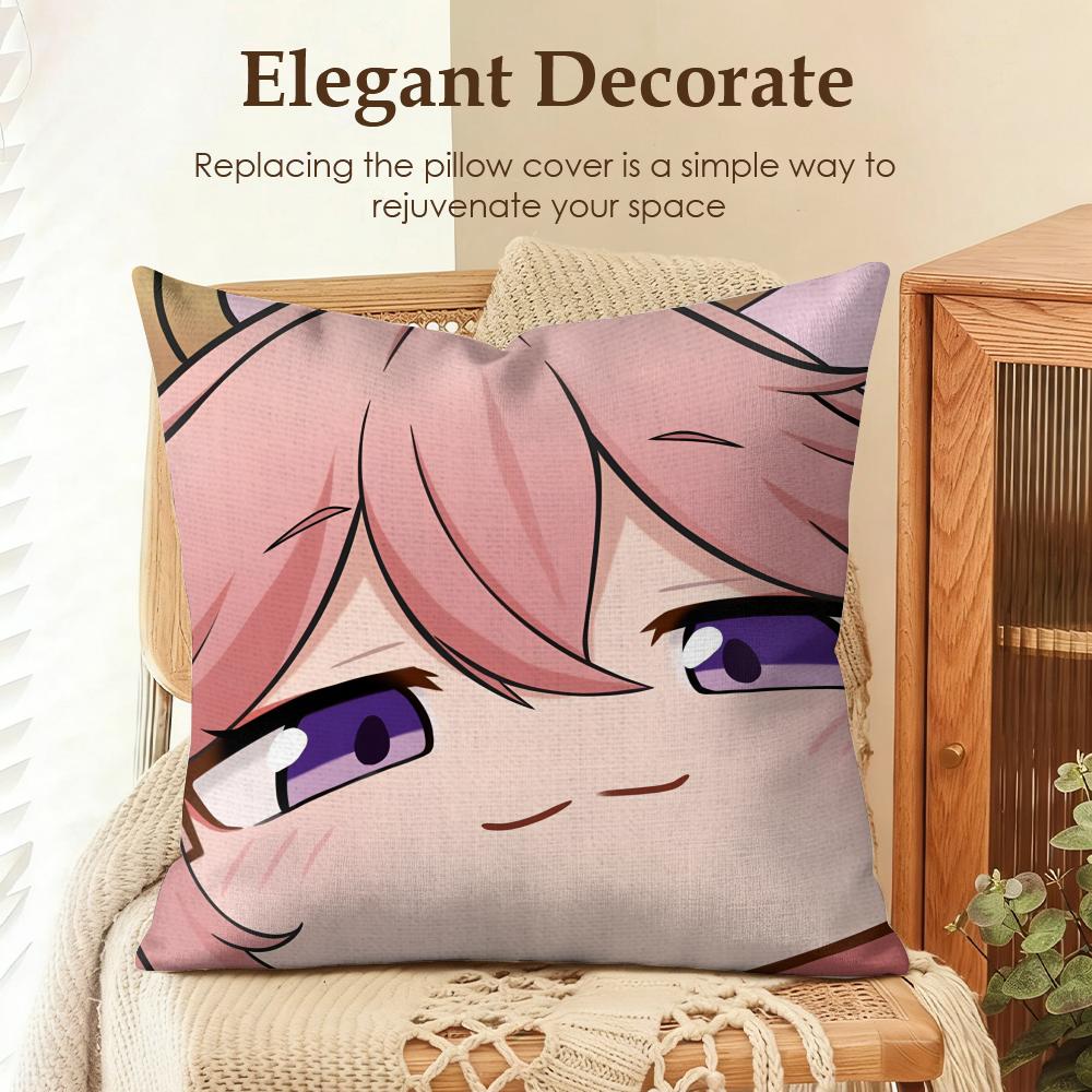Yae Miko Cute Genshin Impact Cushion Cover Natural Linen Organic Fabric DoubleSided Printing Sofa Home Decor Gift Pillow Case