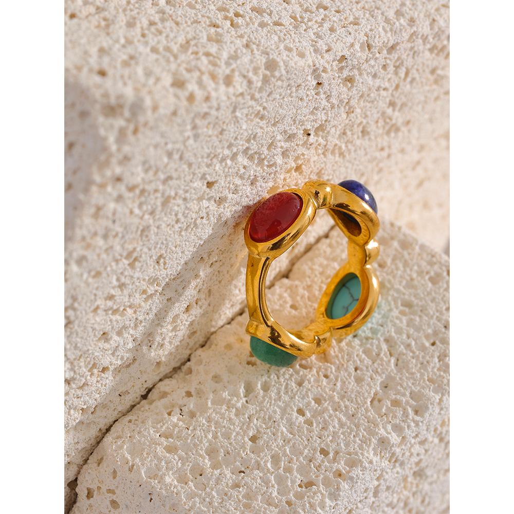 Yhpup Stainless Steel Colorful Natural Stone Agate Cast Vintage Charm Ring Fashion 316l Jewelry for Women Textured Gift