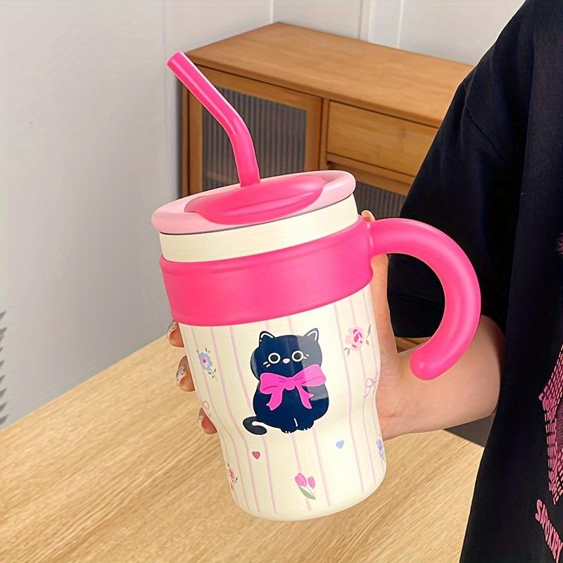 700ML Car Cup Cute Cat Thermos Cup SUS316 Outdoor Travel Portable Large Capacity Ice Cup with Handle Straw as a Birthday Gift