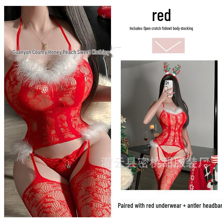 Fluffy Fishnet Suspender Bodystocking: Halter, Open Crotch, Christmas & New Year.