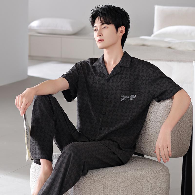 Pajamas Men's Summer Cotton Short Sleeve Trousers Men's Thin Summer Large Size Half Sleeve Men's Summer Loungewear Set