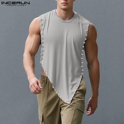 Men O Neck Sleeveless Beading High Low Casual Loose Thin Tank Tops