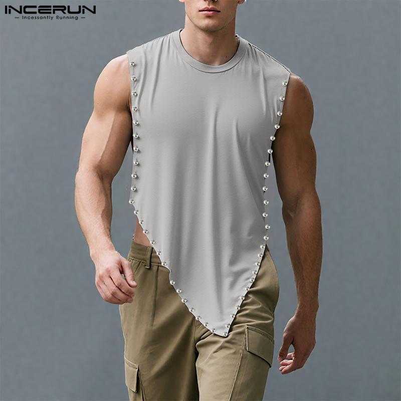INCERUN Men O Neck Sleeveless Beading High Low Casual Loose Thin Tank Tops