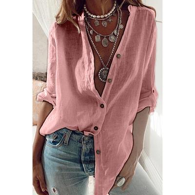Camicia a Maniche Lunghe Arrotolabili in Cotone Lino Tinta Unita Collo Classico Top Ampi Oversize Primavera Autunno Blusa da Donna